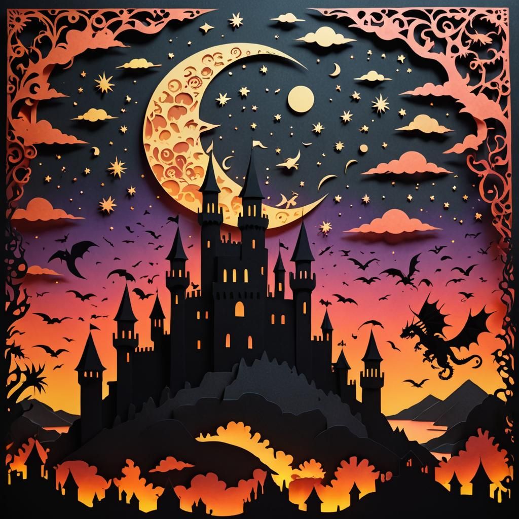 Psychedelic Kirigami Castle with Dragon Battle