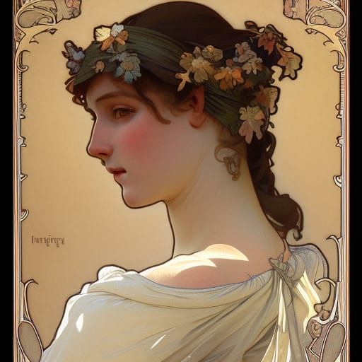 Medieval Peasant Girl Portrait in Art Nouveau Style