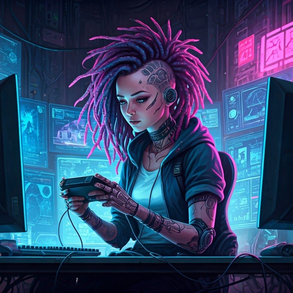 Cyberpunk Gamer Girl in Neon-Lit Urban Internet Cafe