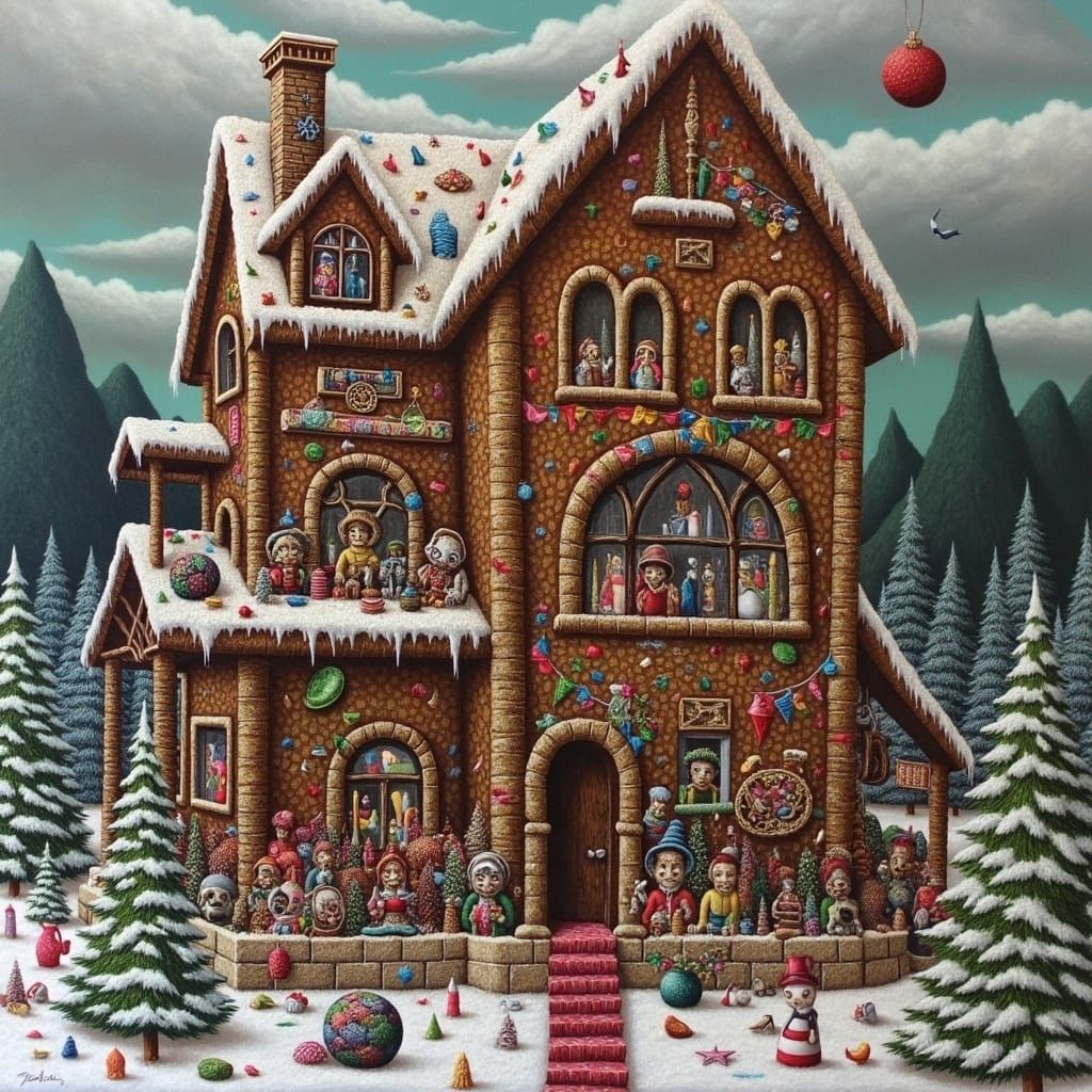 Whimsical Edible Gingerbread House in Surreal Gothic Style