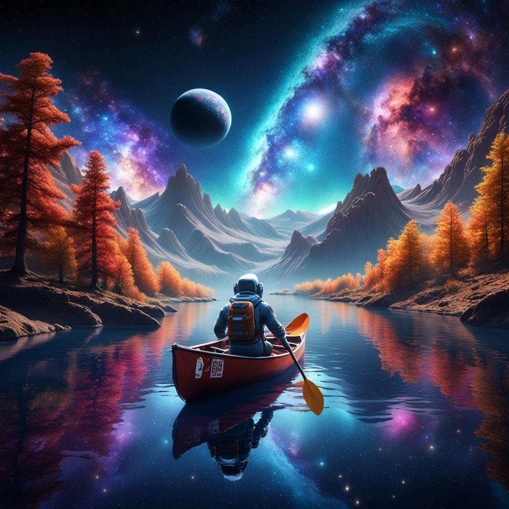 Astronaut Canoeing on the Milky Way: Detailed Matte Painting