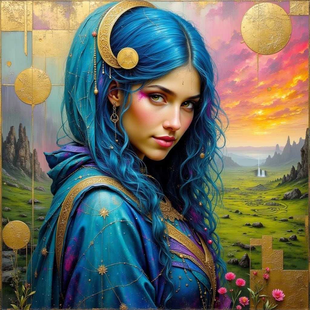 Blue-Haired Celtic Priestess in Surreal Oil Painting