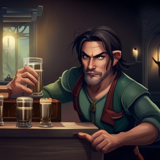 Elf Bartender in Fantasy Tavern: Detailed Digital Art