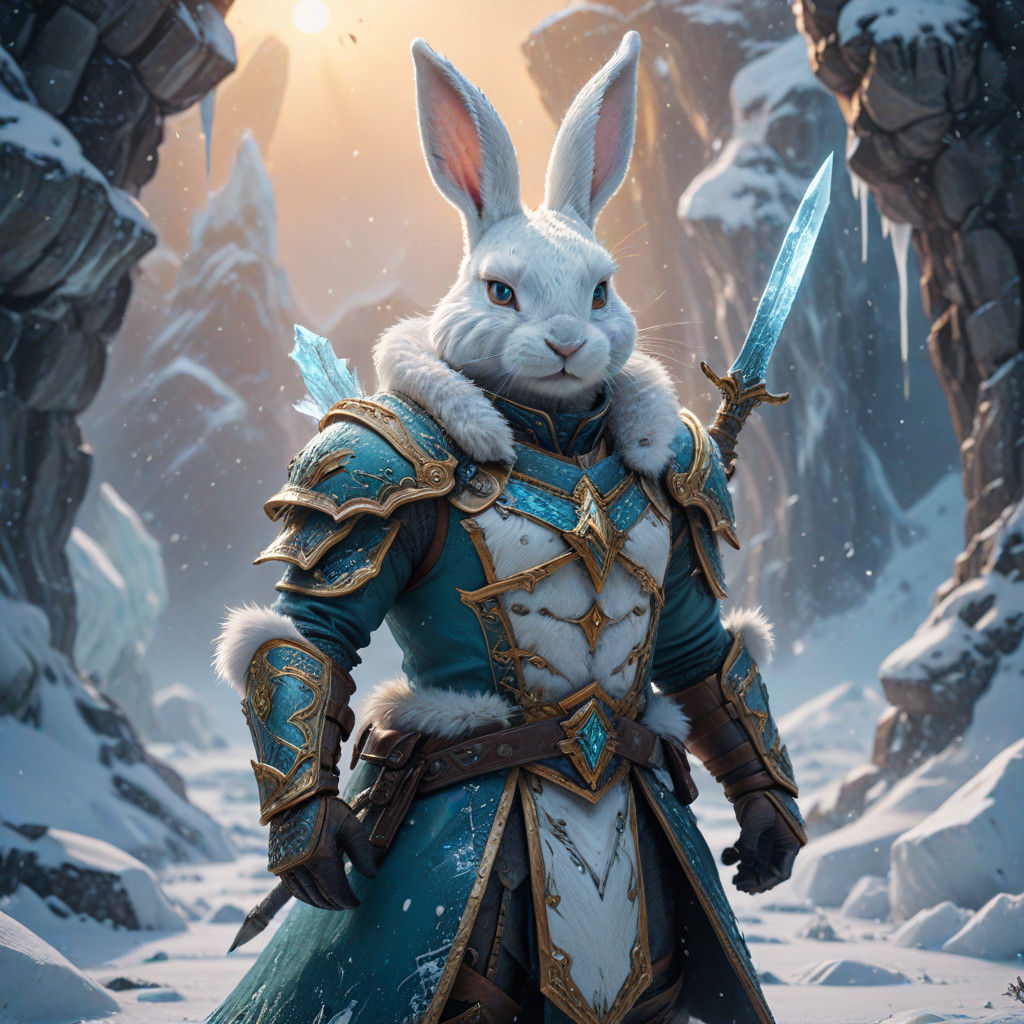 Heroic White Rabbit Battles Winter in Cyberpunk Fantasy Land...