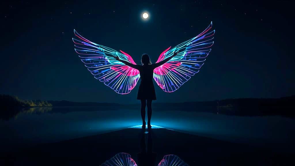 Majestic Winged Figure Dances Under Starry Night Sky