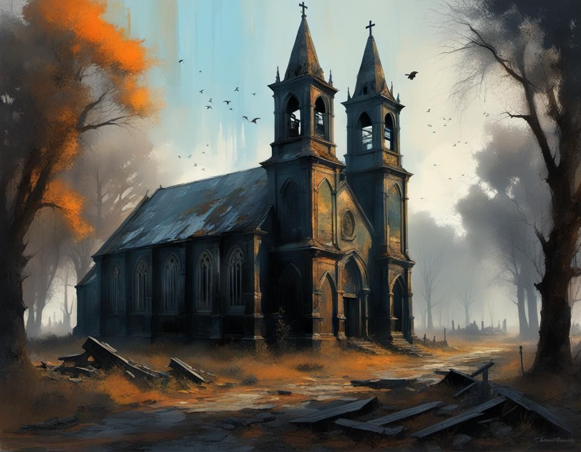 Weathered Church Beside Abandoned Graveyard