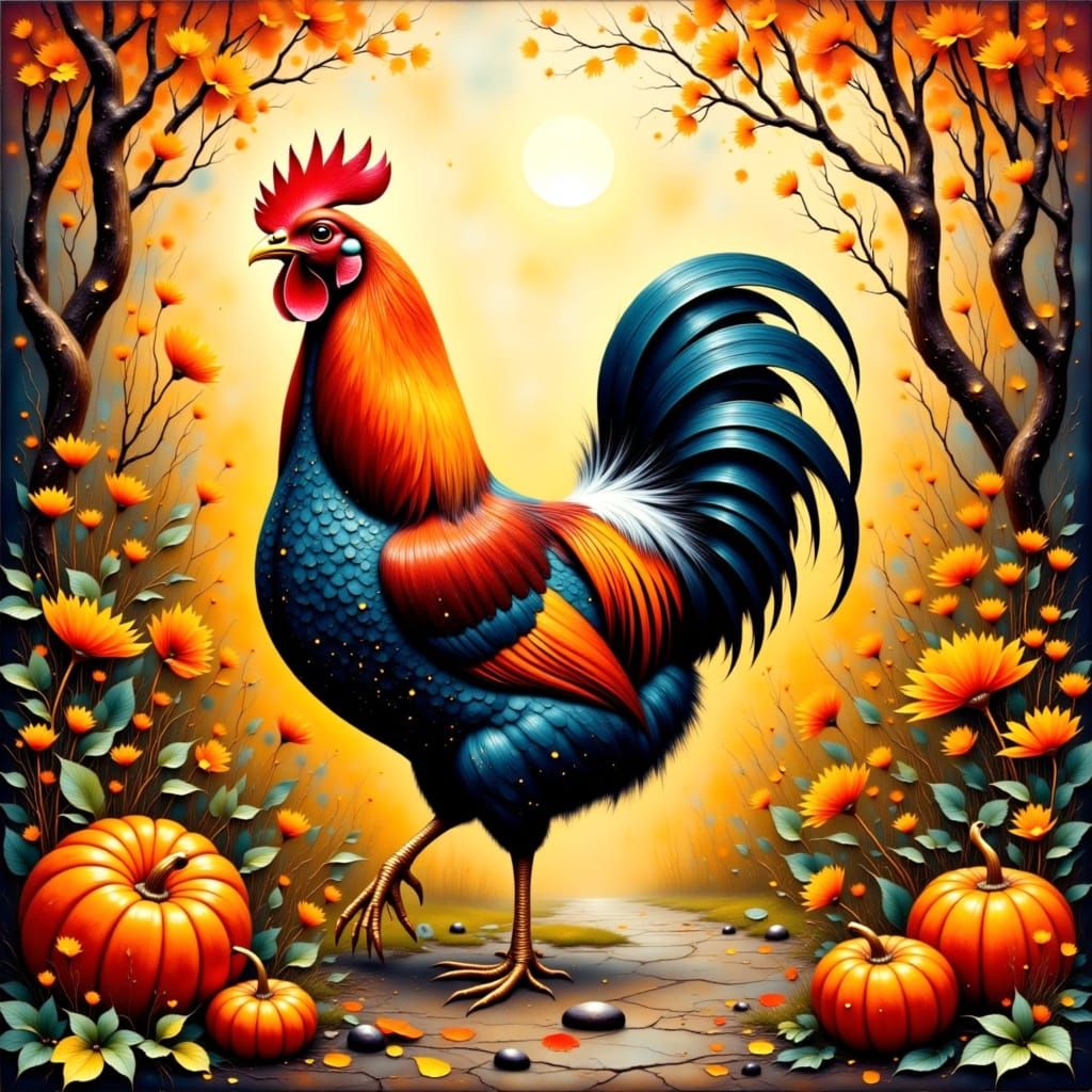 Colorful Embroidered Chicken in Autumn Barnyard, Pop Surreal...