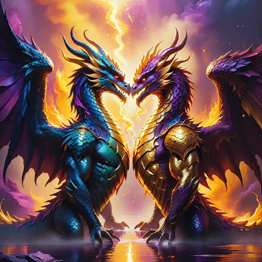Dragon and Phoenix Men Kissing: Fantasy Art