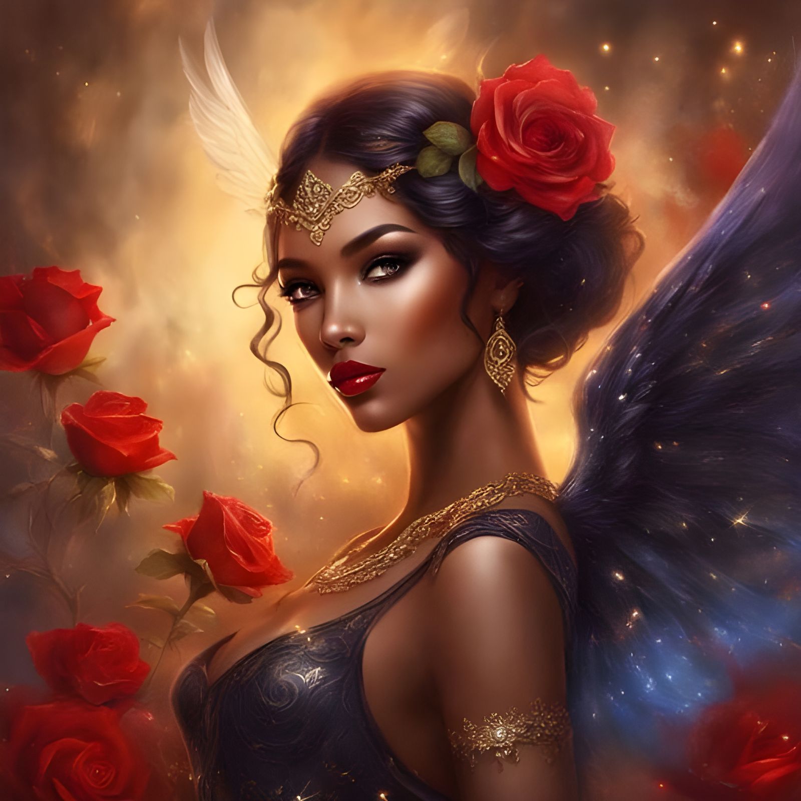 Beautiful Dark Angel in Lingerie with Golden Details