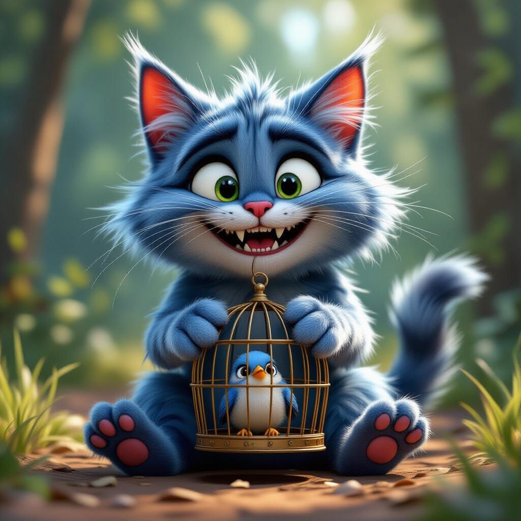 Mischievous Cat Holds Birdcage in Vibrant 3D Cartoon Style