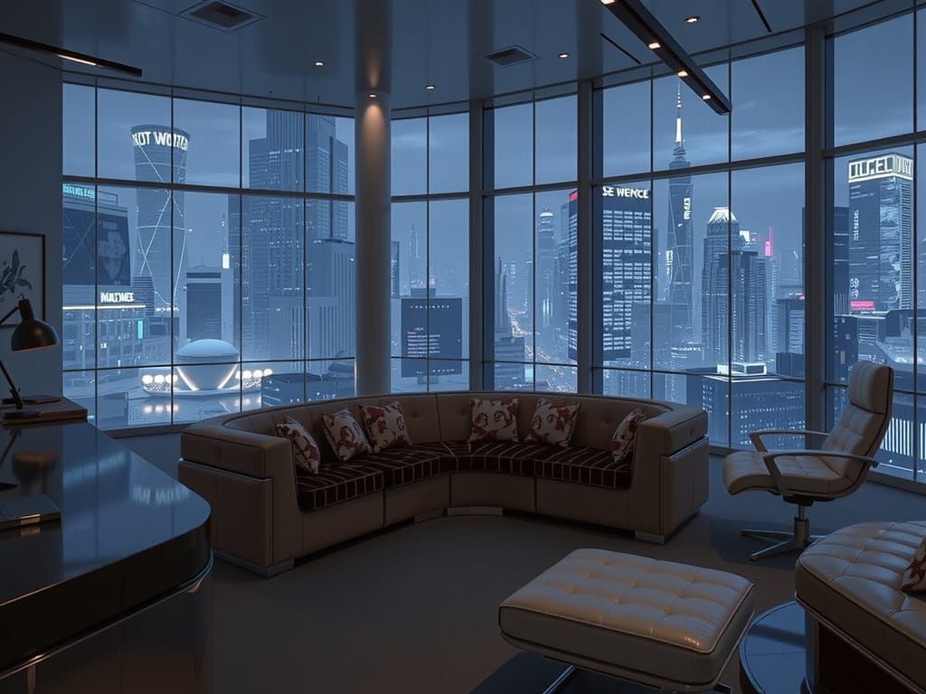 Cyberpunk Office with Neon City View