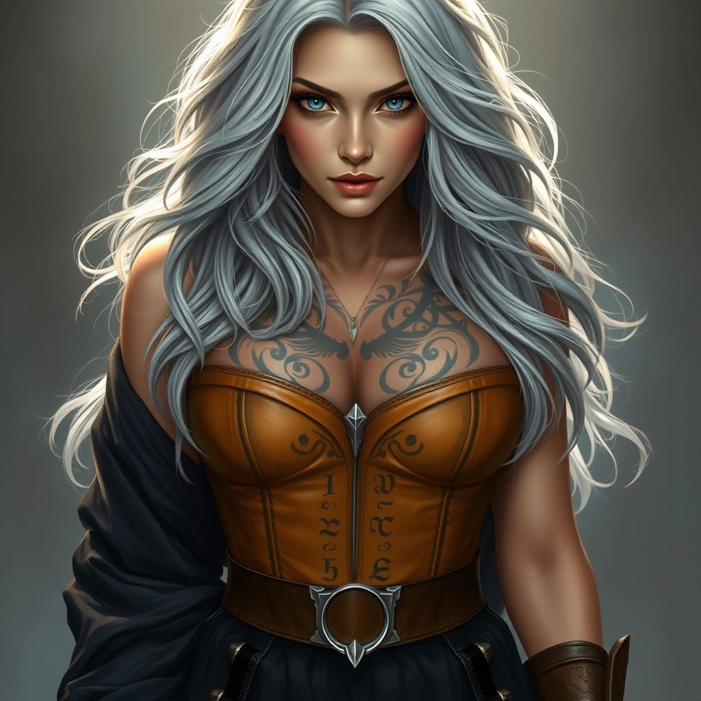 Fantasy Woman with Silver Hair and Rune Tattoos in Leather C...