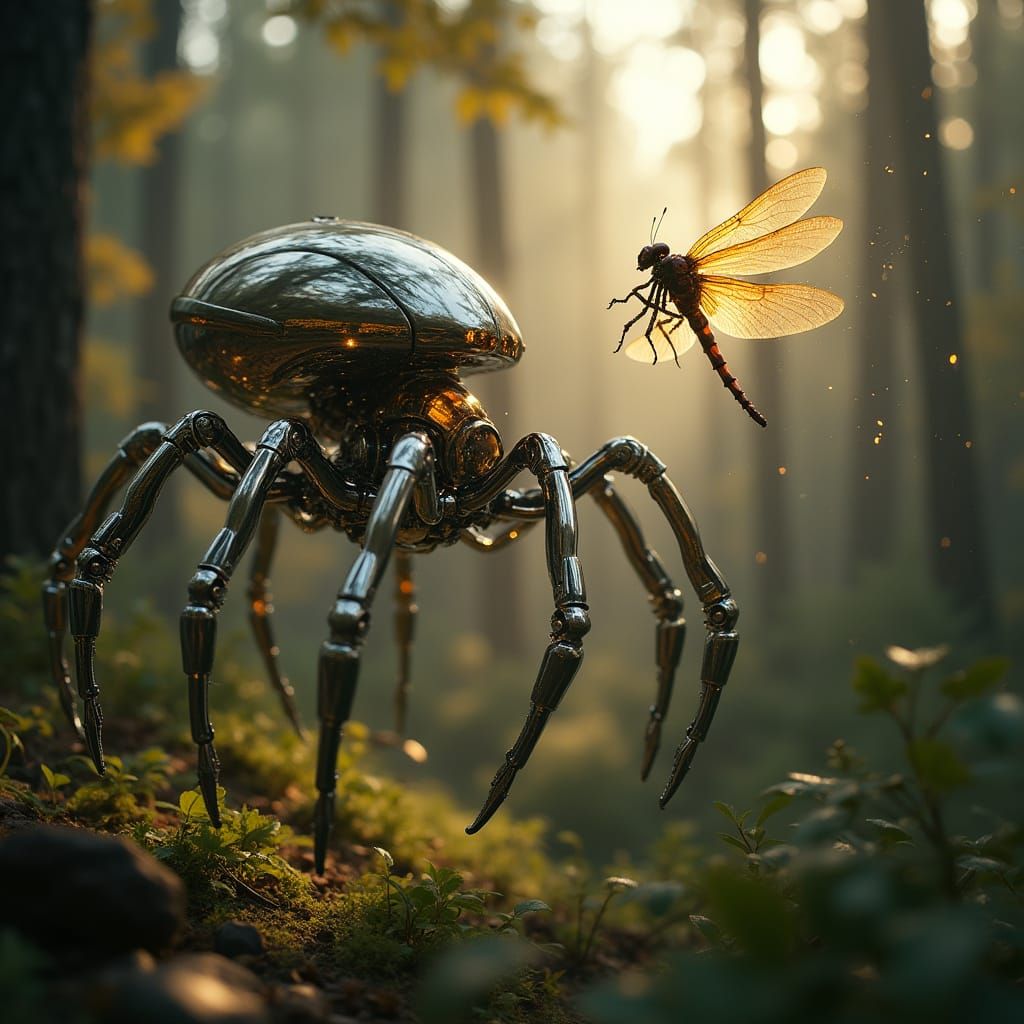 Spider Robot Captures Dragonfly in Forest