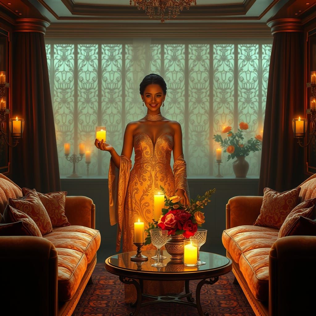 Elegant Hostess in Opulent, Candle-Lit Setting, Art Deco Sty...