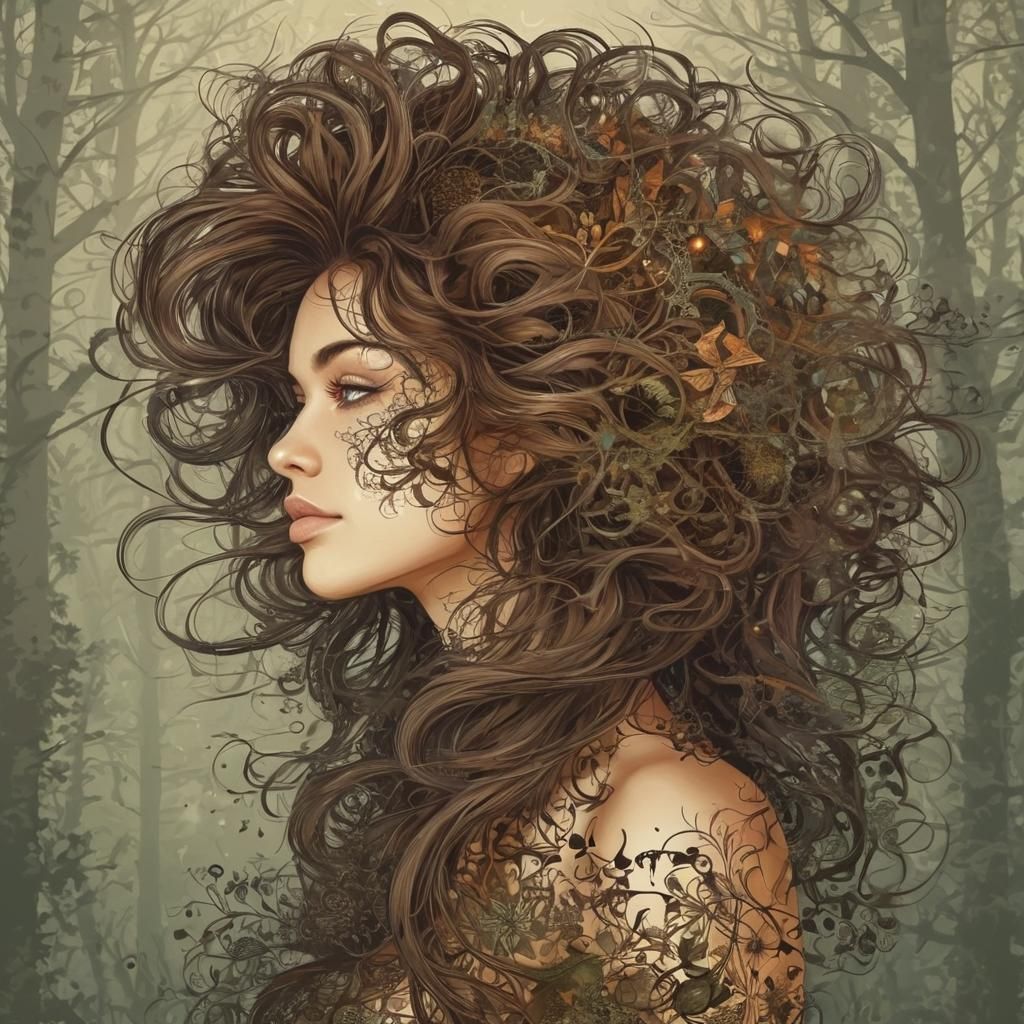 Abstract Double Exposure of Woman with Fractal Hair