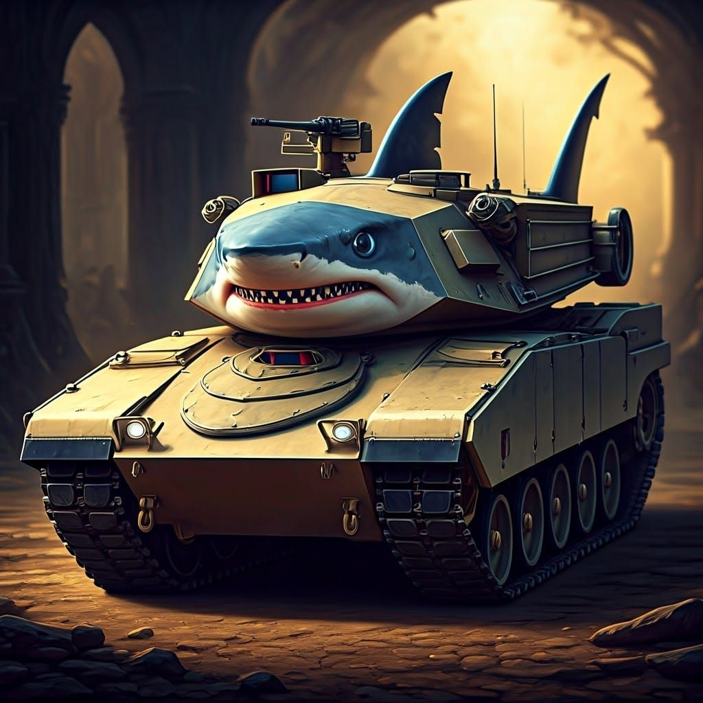Menacing Chibi Tank Shark in Dramatic Baroque Lighting
