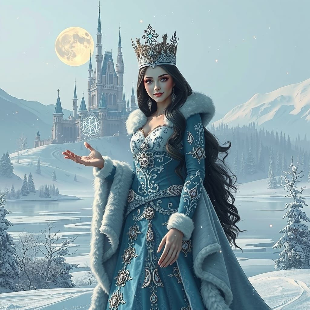 Regal Snow Witch Queen in Futuristic Winter Wonderland