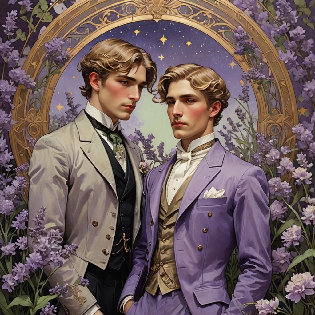 Gay Couple in Victorian Suits, Art Nouveau Style