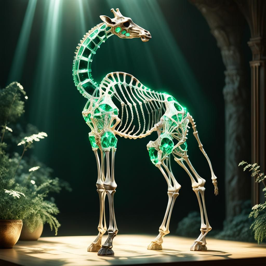 Emerald Crystal Giraffe Skeleton in Hyperrealistic Style