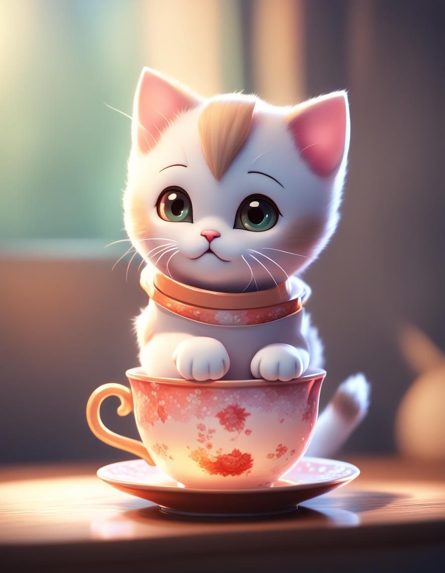 Teacup Kitten Digital Art in Anime Style