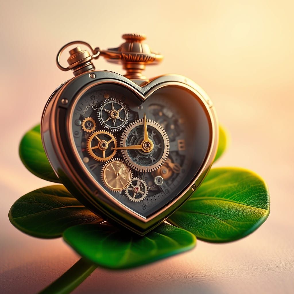 Intricate Watch Amidst Emerald Cloverleaf in Whimsical Dream...