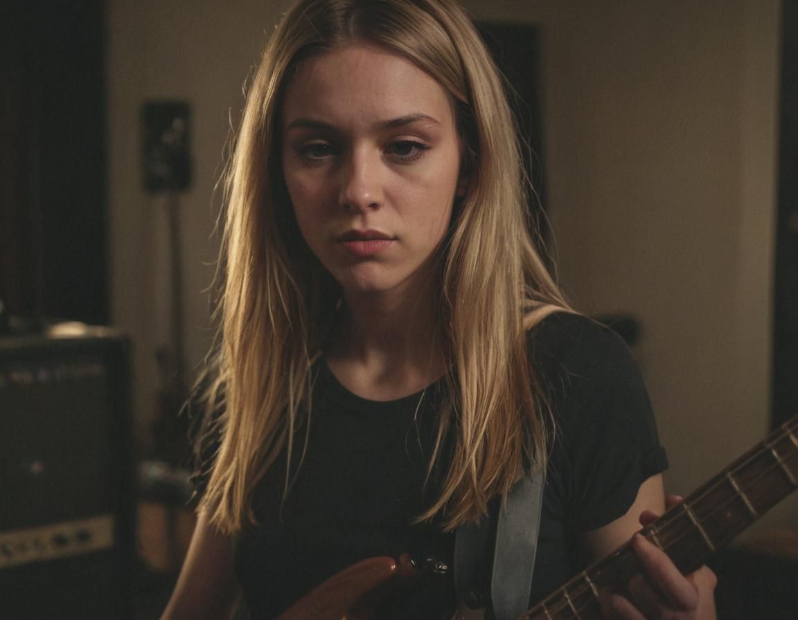 Blond Woman Plays Bass Guitar in Noir Style