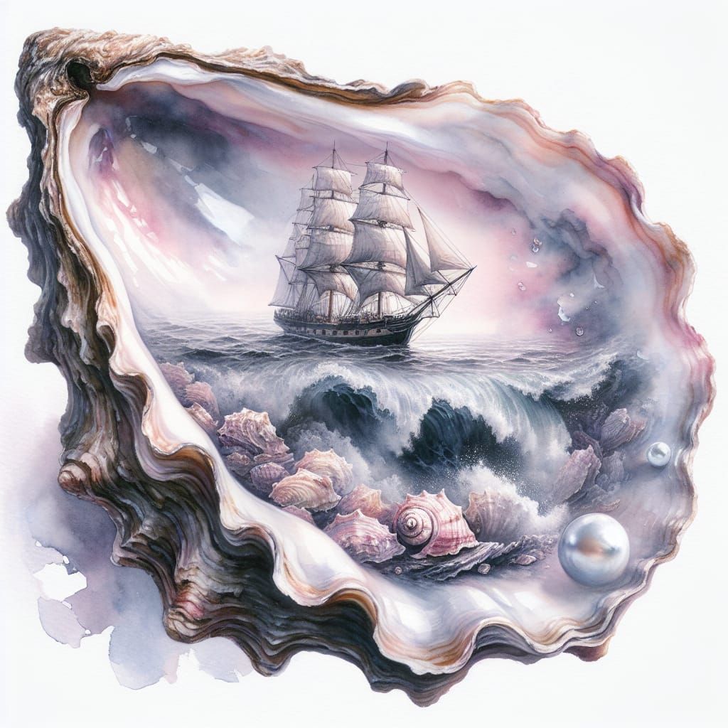 Watercolor Double Exposure: Schooner Sails in Oceanic Oyster...