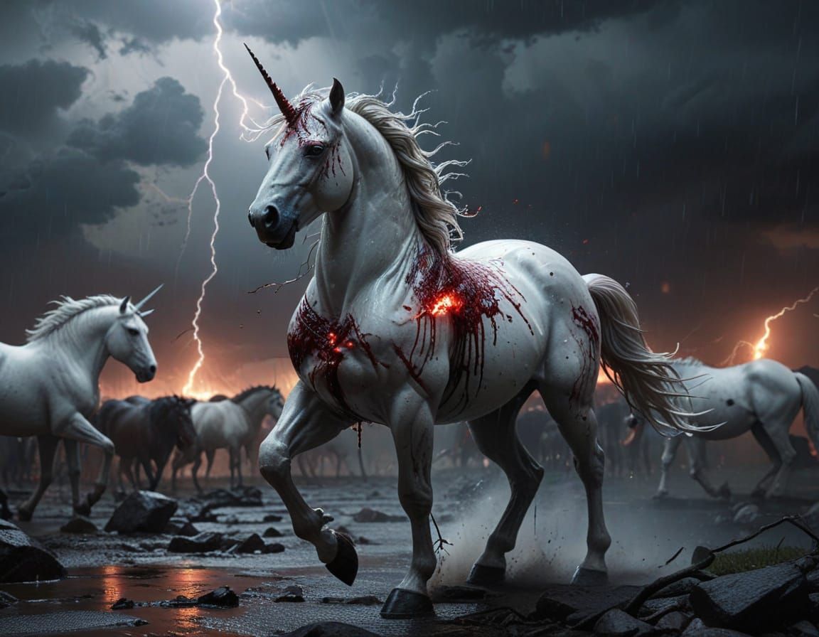 Bloody Unicorn Surrounded by Evil Spirits