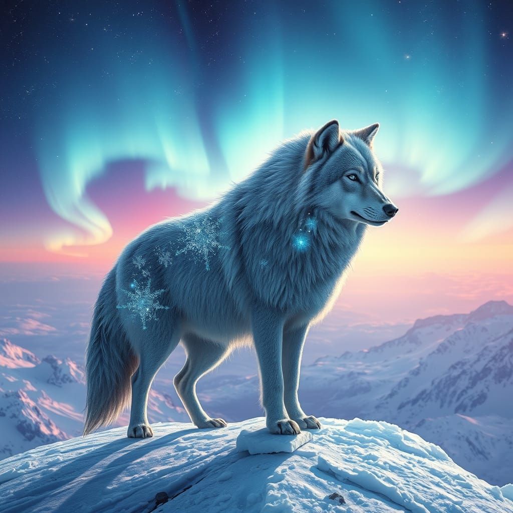 Majestic Mongolian Wolf Silhouetted Against Vibrant Aurora B...