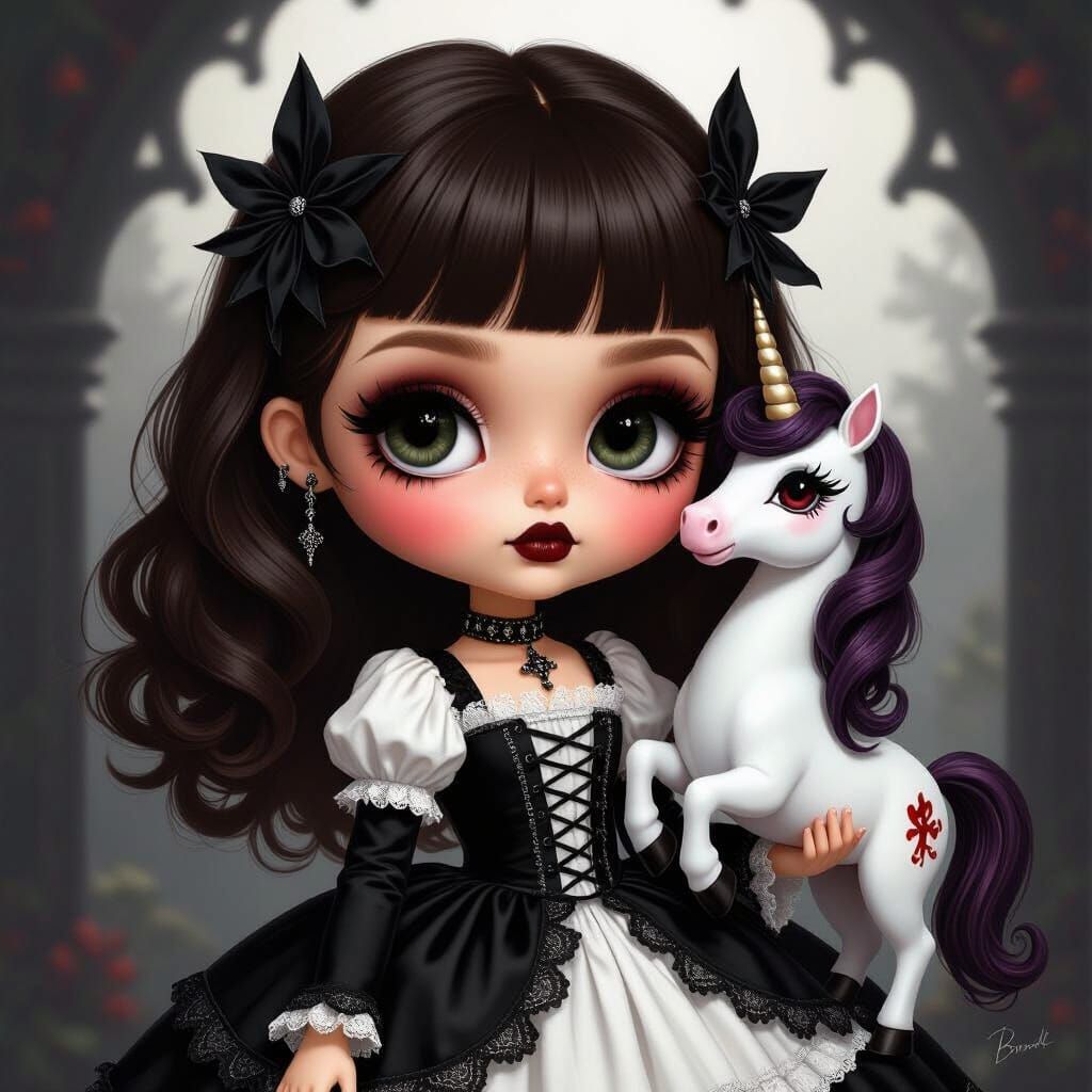 Gothic Blythe Doll with Satanic Unicorn in Chiaroscuro
