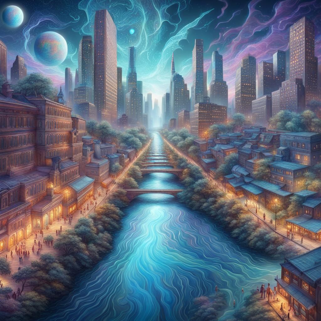 Futuristic Cityscape with River in Astral Holographic Style
