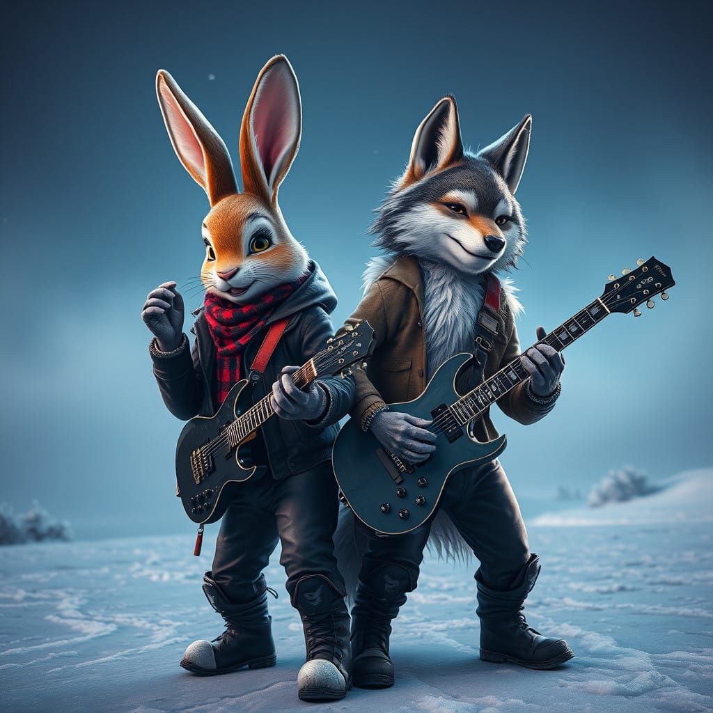 Edgy Rocker Bunny and Wolf Duo in Frosty Cinematic Landscape
