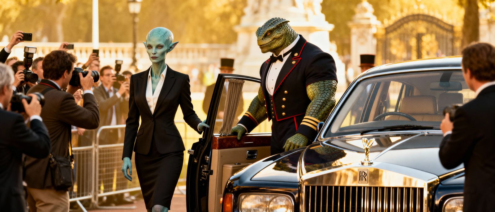 Alien Banker Arrives at Buckingham Palace