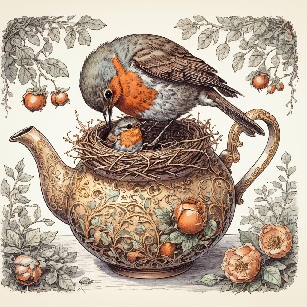 Whimsical Robin Teapot Family