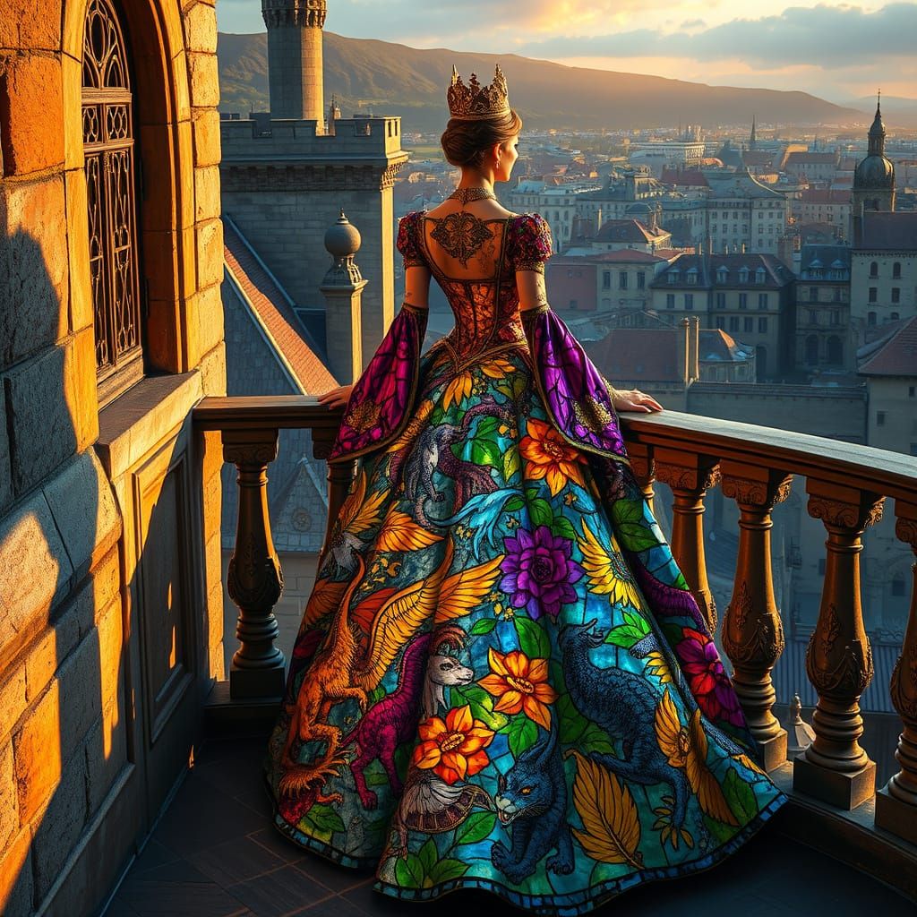 Queen in Stained Glass Gown Overlooking Medieval City