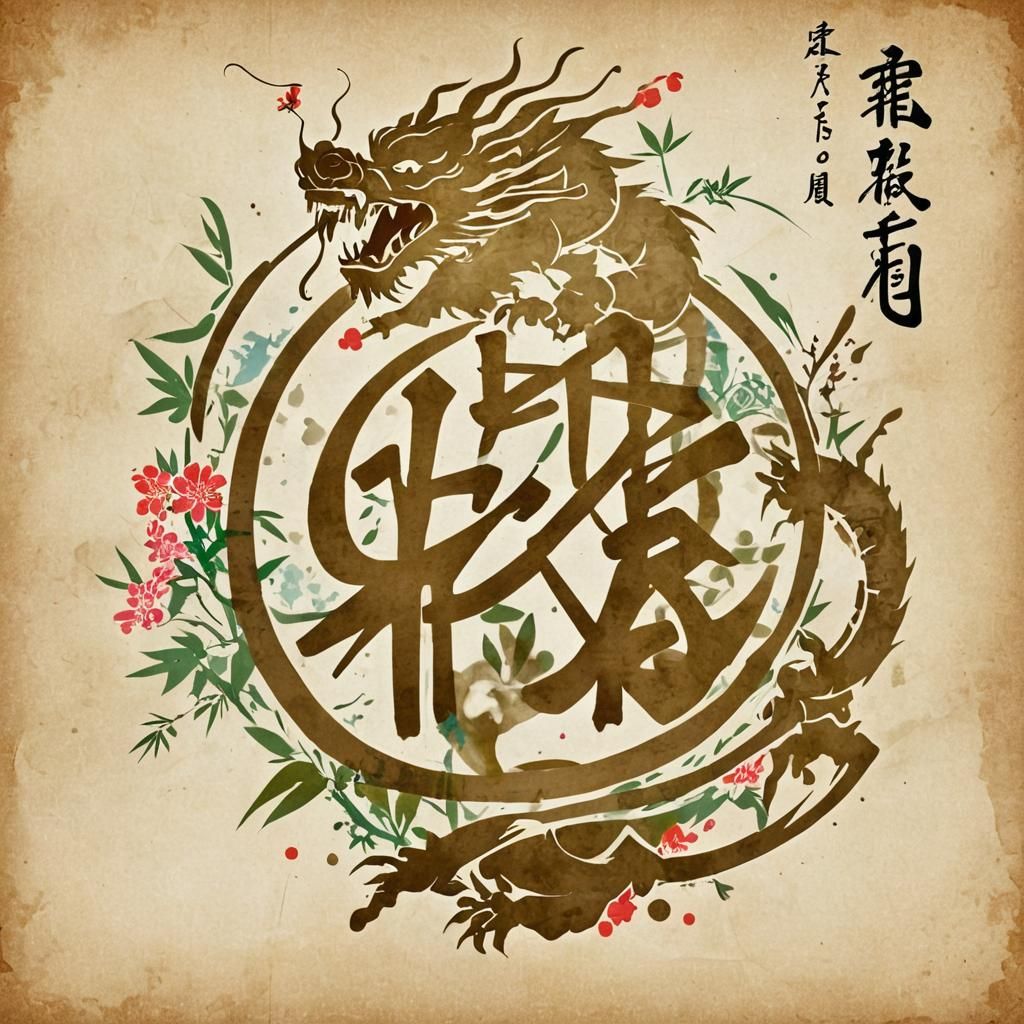Calligraphic Dragon Design with Bamboo and Moon