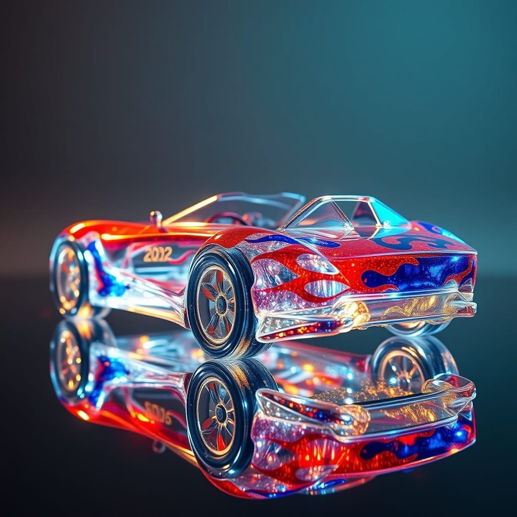 Glass Car Sculpture with Flame Details in Cinematic Light