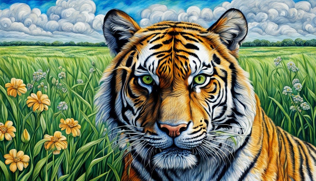 Sad Tiger Hiding Among Flowers: Hyperdetailed Charcoal Drawi...