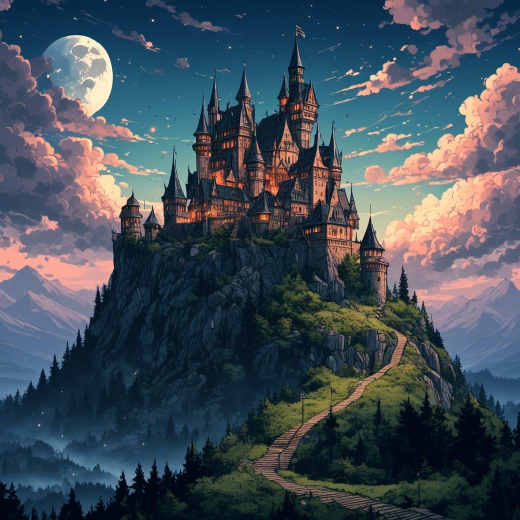 Castle on a mountain, <lora:Comic Style:1.0> moonlight sky,