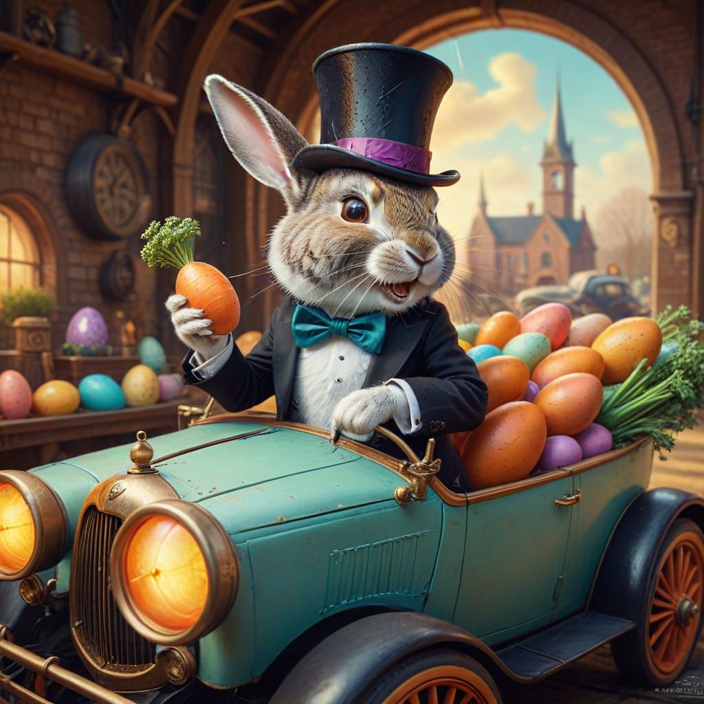 Steampunk Rabbit in Whimsical Easter Egg Factory