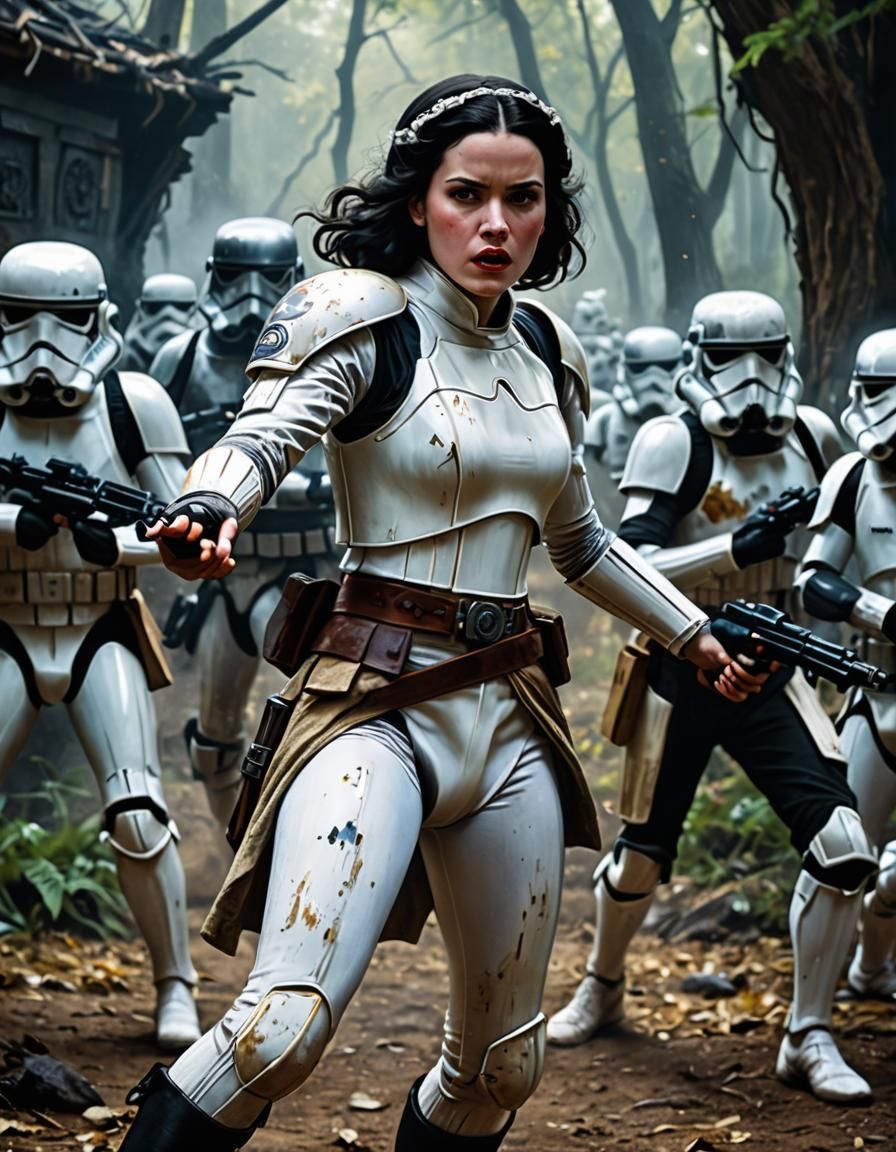 Snow White Leads Stormtroopers in Star Wars Battle