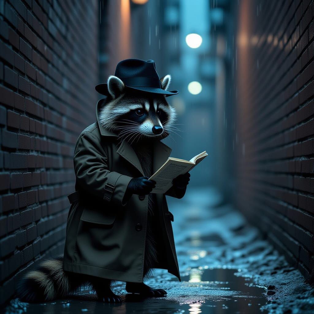 Film Noir Raccoon Detective in Rainy Alley