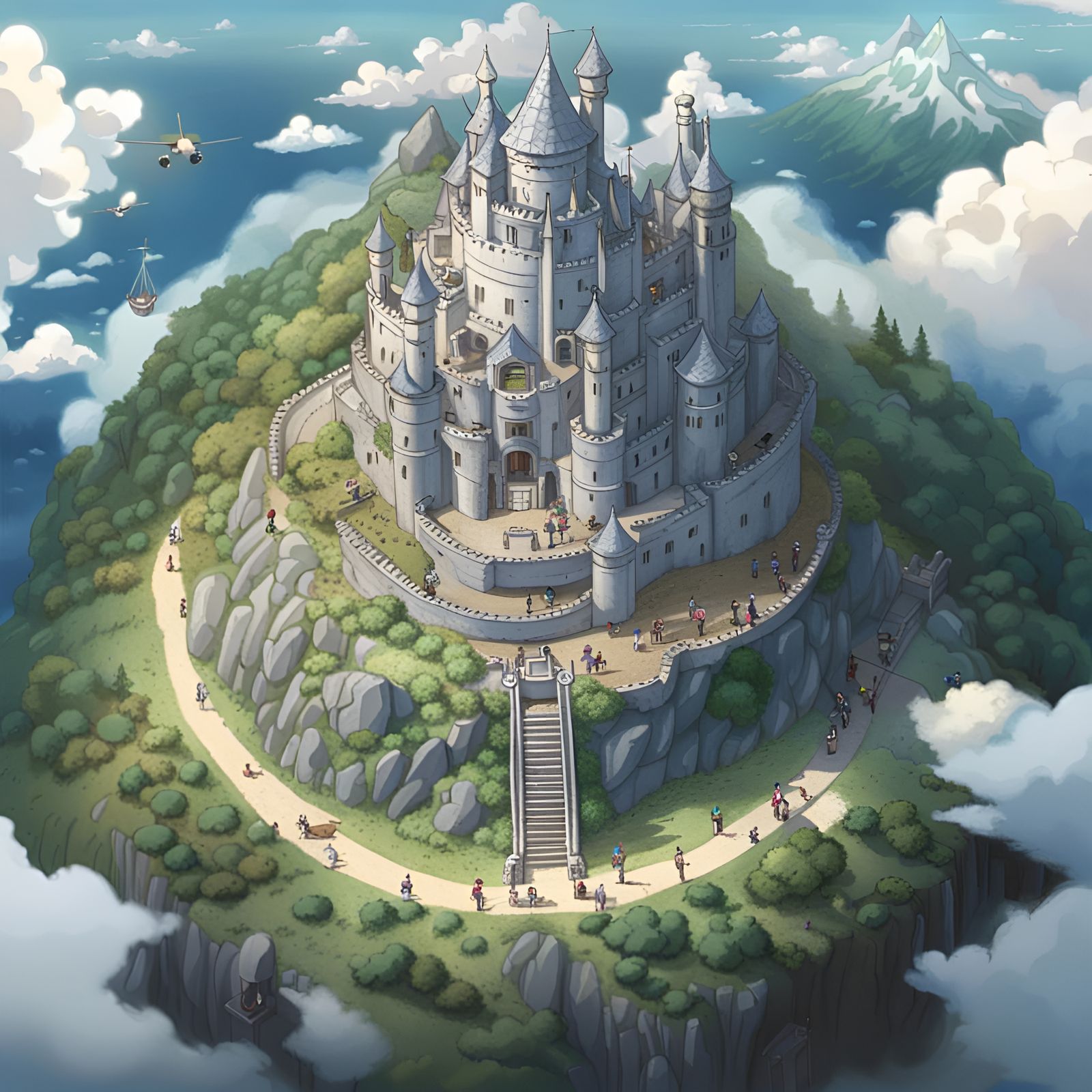 Animals Gather at Mountain Castle: Ghibli Anime Style