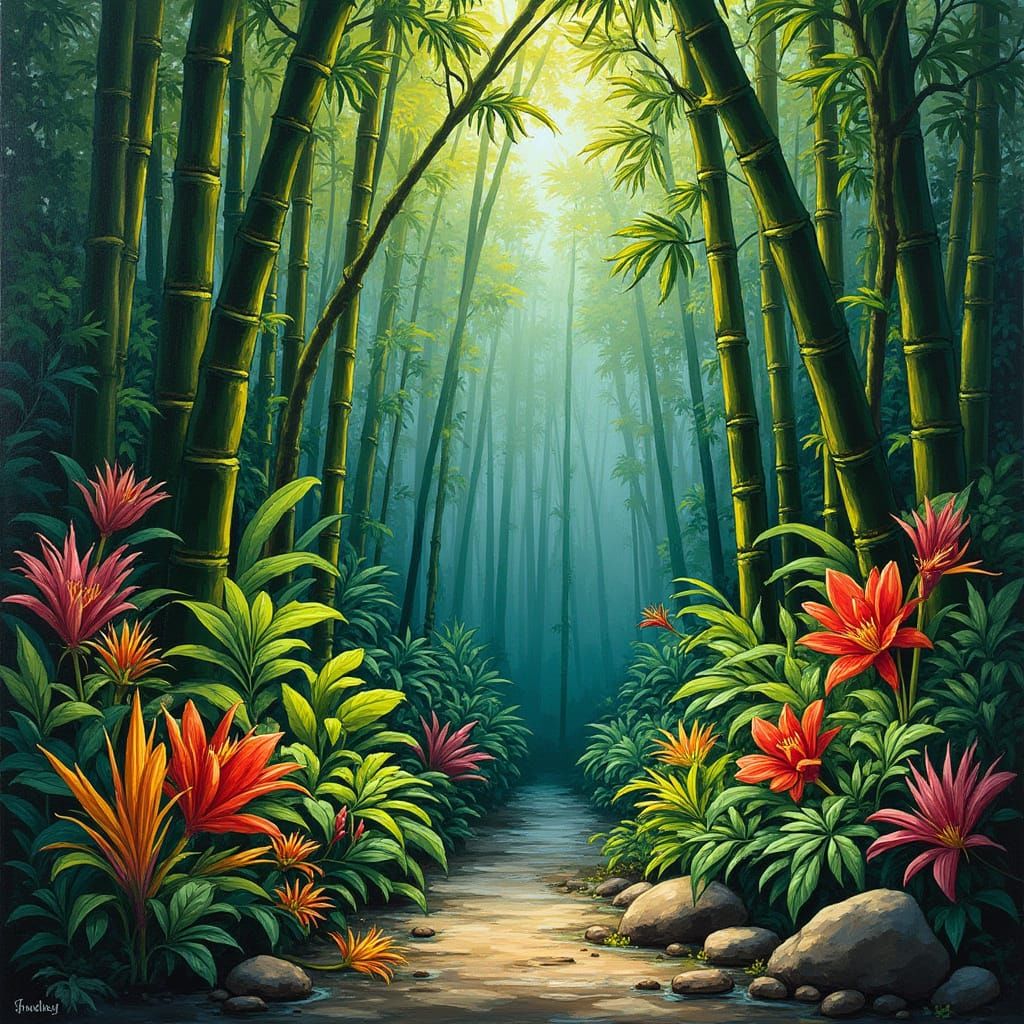 Lush Jungle Scene in Naive Art Style