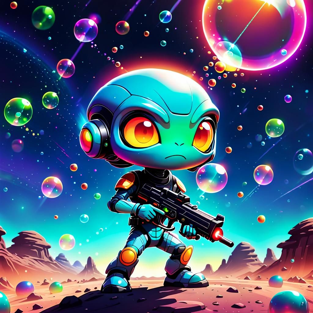Chibi Alien Bubble Shooter Game Still in CGI Style