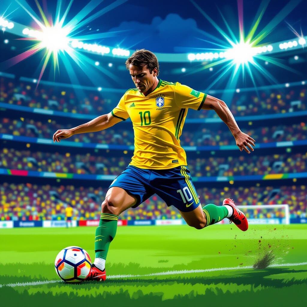 Bolsonaro Kicking Soccer Ball in Stadium, Pop Art Style