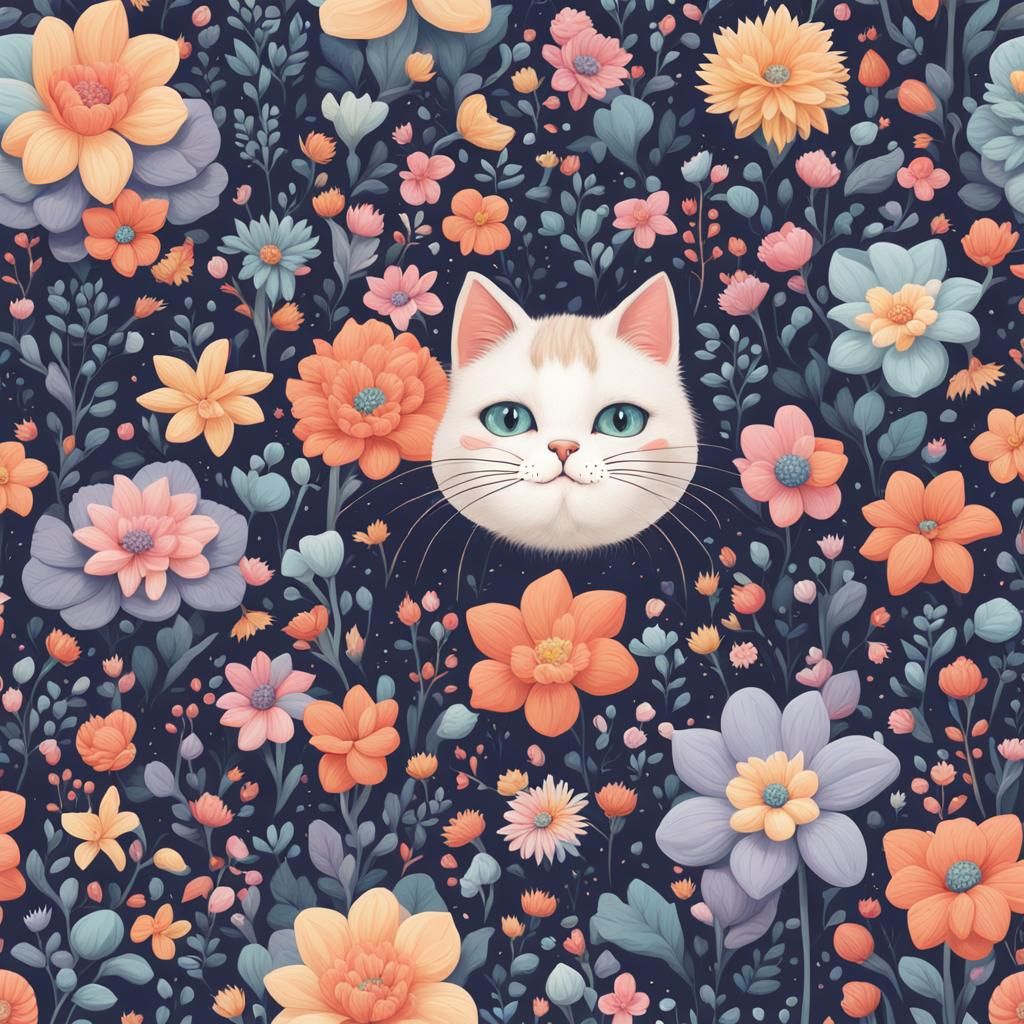 Smiling Cat in Pastel Floral Pattern: Matte Painting