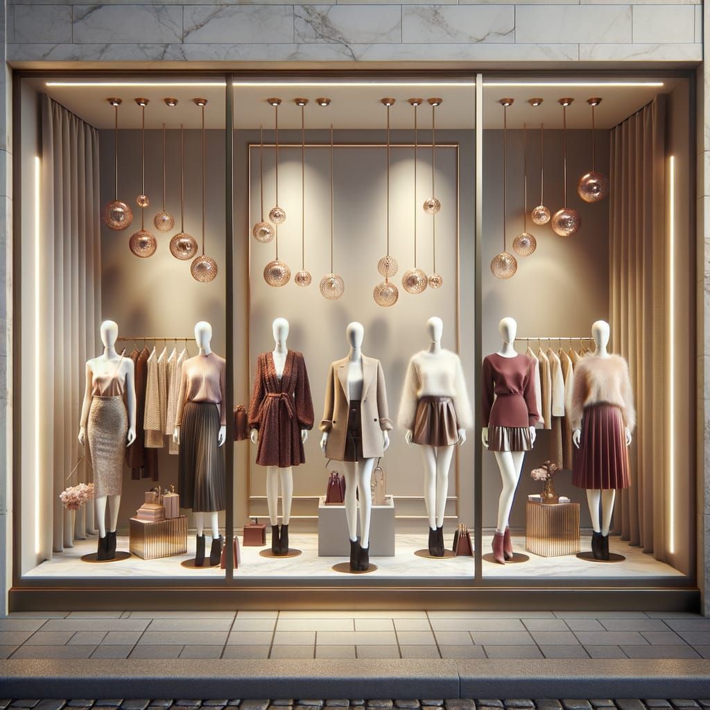 Chic Boutique Window Display in Cherry-Burgundy and Cream
