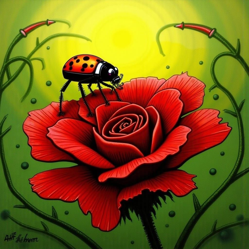 Ladybug in Whimsical, Dreamy Arthur Rackham Style