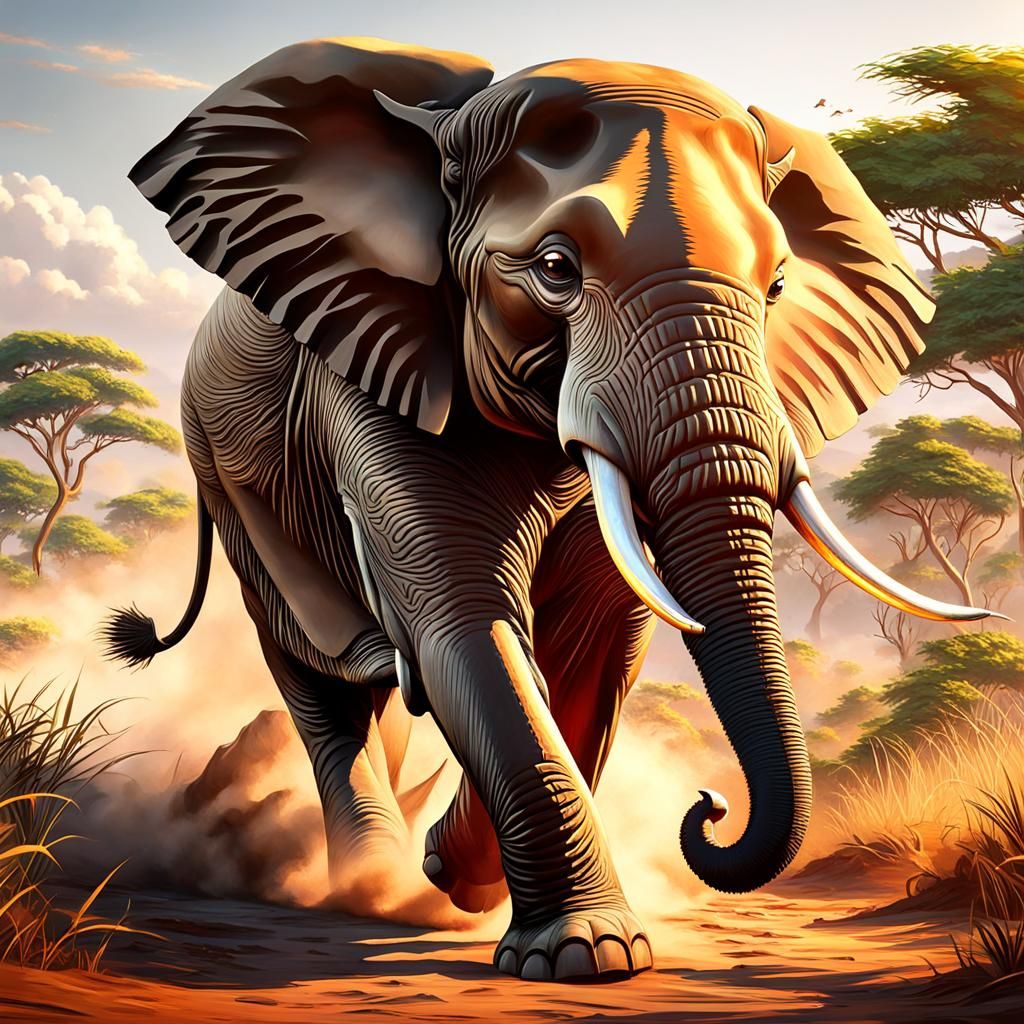 Elephant Protects Calf From Lioness: Hyperrealistic Matte Pa...